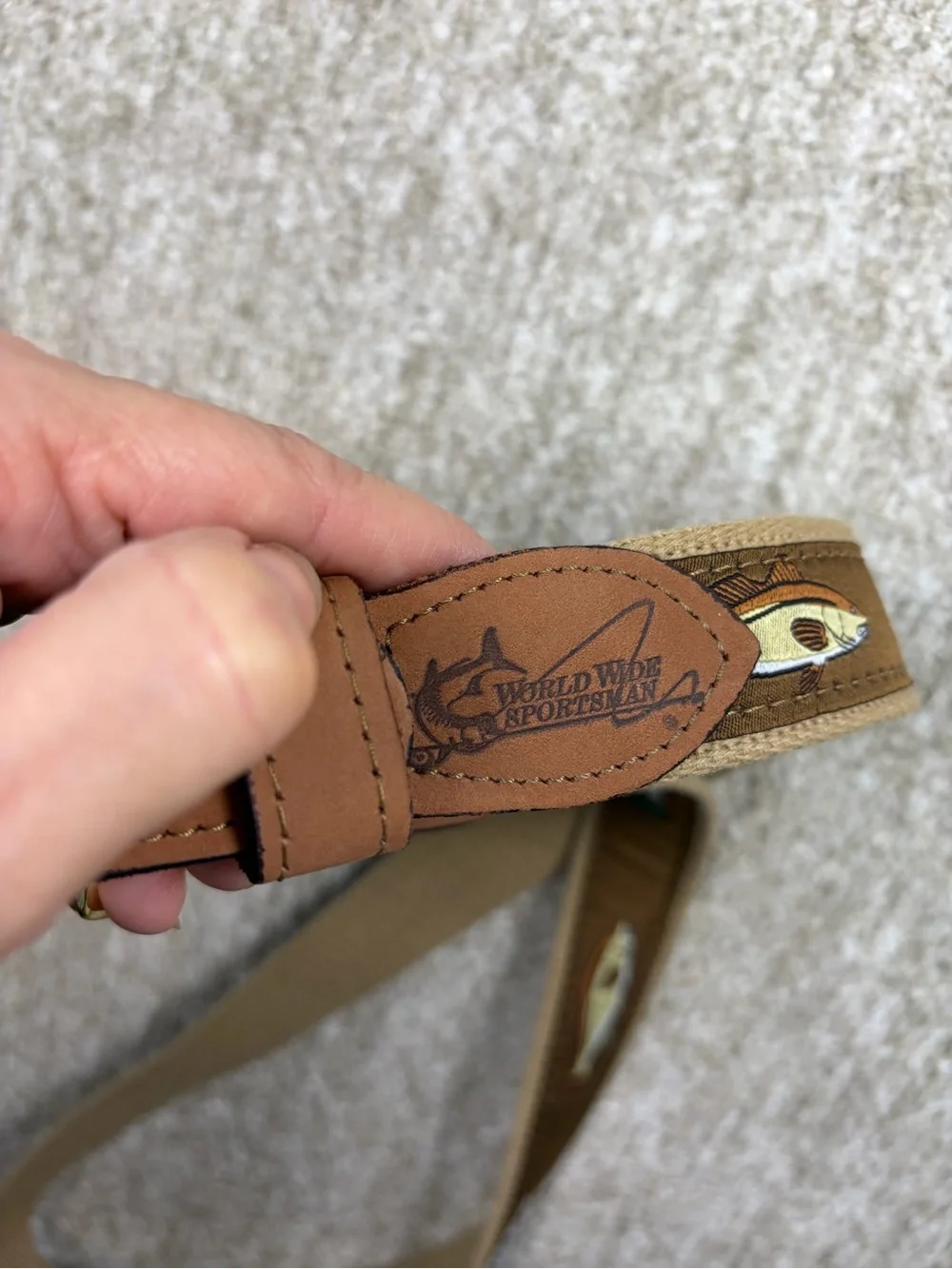 Vintage 90’s Made in USA Men’s Brown Fish-Print Canvas and Leather Belt